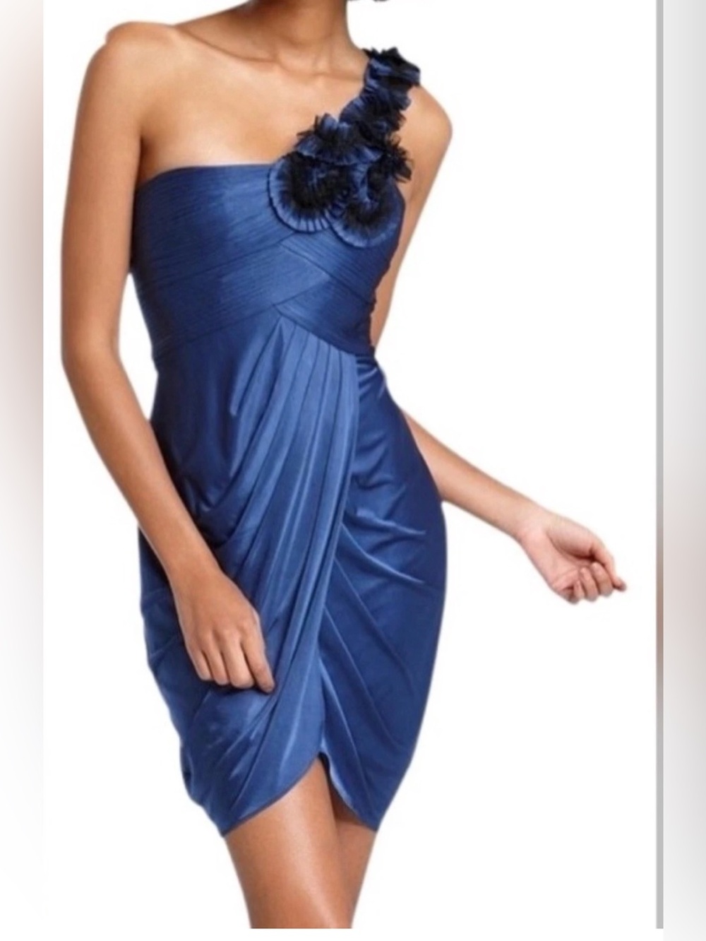 BCBGMaxAzria Addison One-Shoulder Navy Blue Draped Cocktail Dress